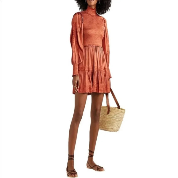 Ulla Johnson Angelica Mini Dress Orange Rust 2 Smocked Embroidered Turtleneck - Picture 1 of 14